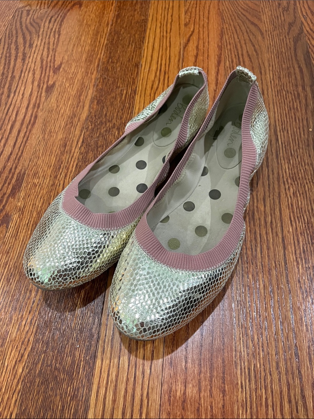 Gold ‘snakeskin’ ballet flats with pink trim